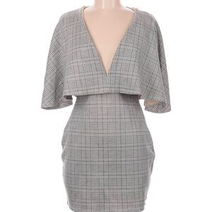 Cape Sleeve Dress with Plaid Design and Deep V Neckline